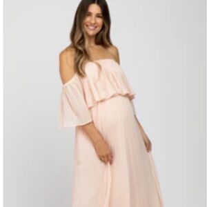 Peach Chiffon Pleated Off Shoulder Maternity Maxi Dress